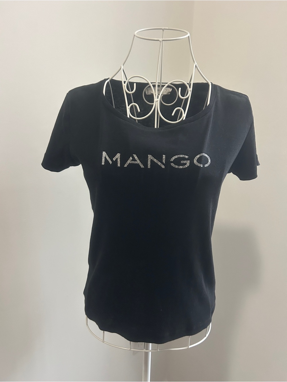 Mango Black Graphic Tee Short Sleeve Textured Logo Top Size M